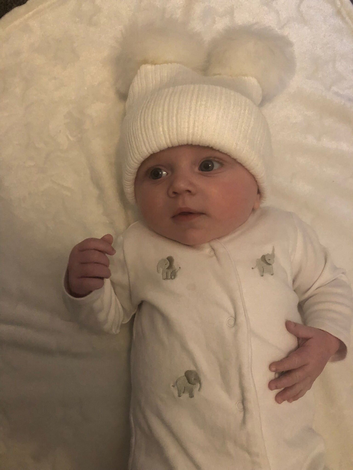 Personalised Faux Fur White Knitted Double Pompom Baby Bobble Hat