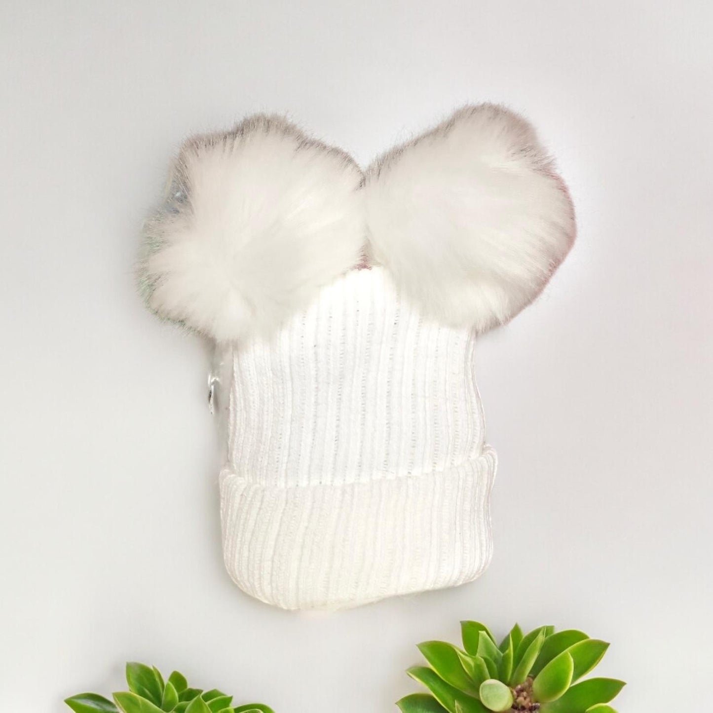 Personalised Faux Fur White Knitted Double Pompom Baby Bobble Hat