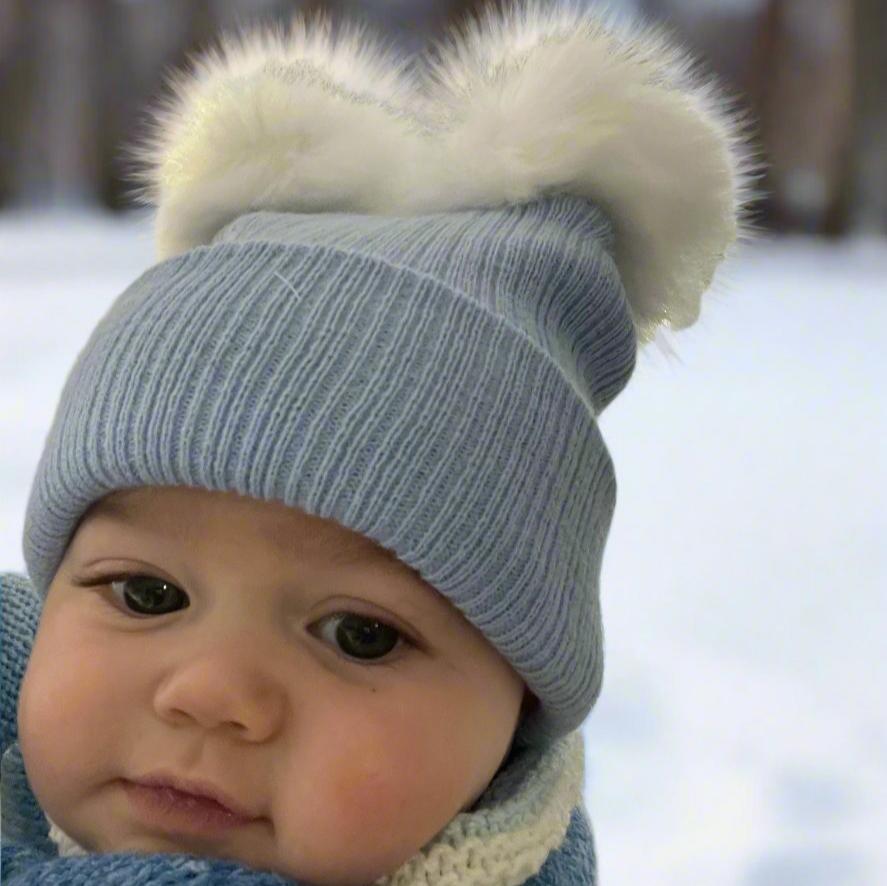 Personalised Faux Fur Blue Knitted Double Pompom Hat