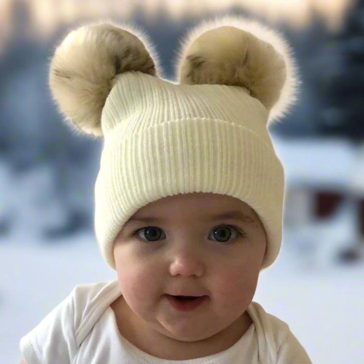 Personalised Faux Fur Cream Knitted Double Pompom Hat