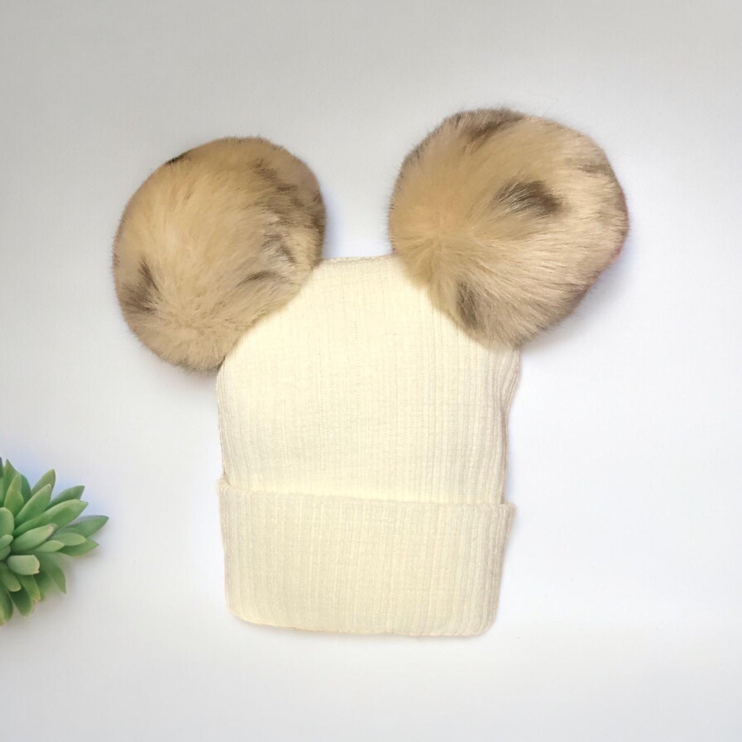 Personalised Faux Fur Cream Knitted Double Pompom Hat