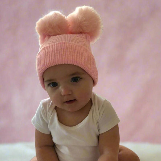 Personalised Faux Fur Pink Knitted Double Pompom Hat