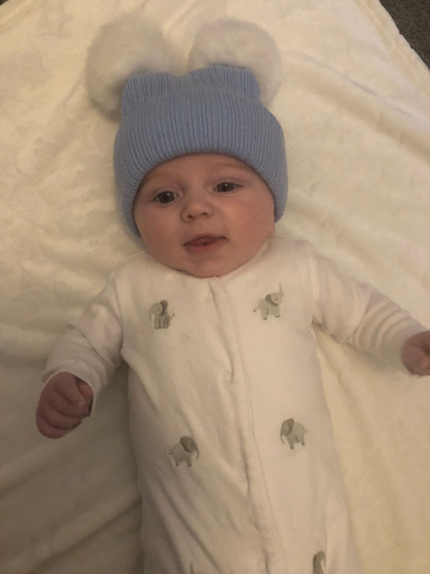 Personalised Faux Fur Blue Knitted Double Pompom Hat
