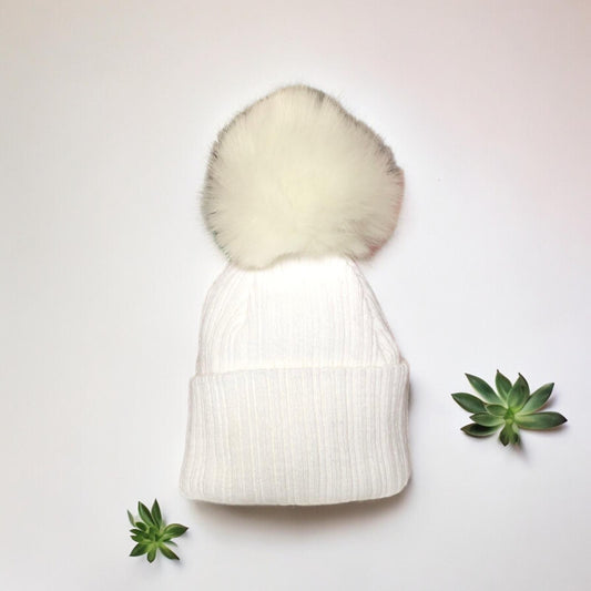 Personalised Faux Fur Ivory Knitted Single Pom Pom Baby Bobble Hat